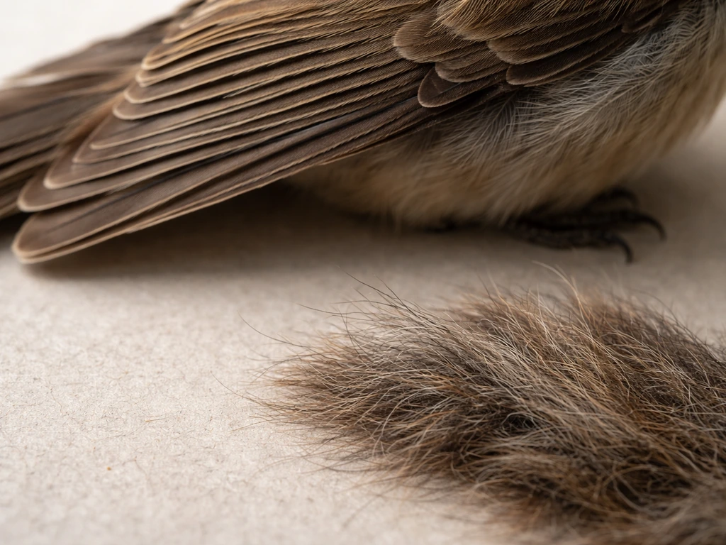 Close-up of a bird’s feathers beside coarse fur to compare feathered and non-feather animal coats.