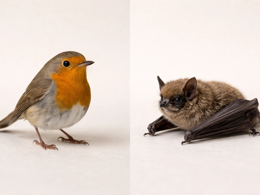 Side-by-side bird with feathers and a bat with fur and wing membranes against a neutral background.