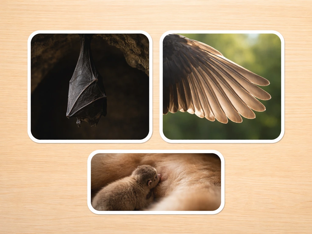 Close-up of a small checklist board with two photo-like panels showing a bat and a bird wings detail.