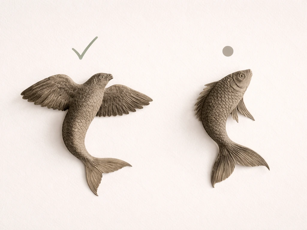 Minimal decision image showing half-bird as the primary choice, half-fish as the alternate.