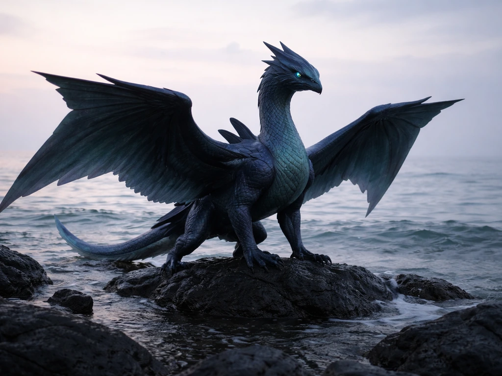 Fantasy creature resembling a fusion of bird and sea dragon perched on a rocky shoreline at dusk.