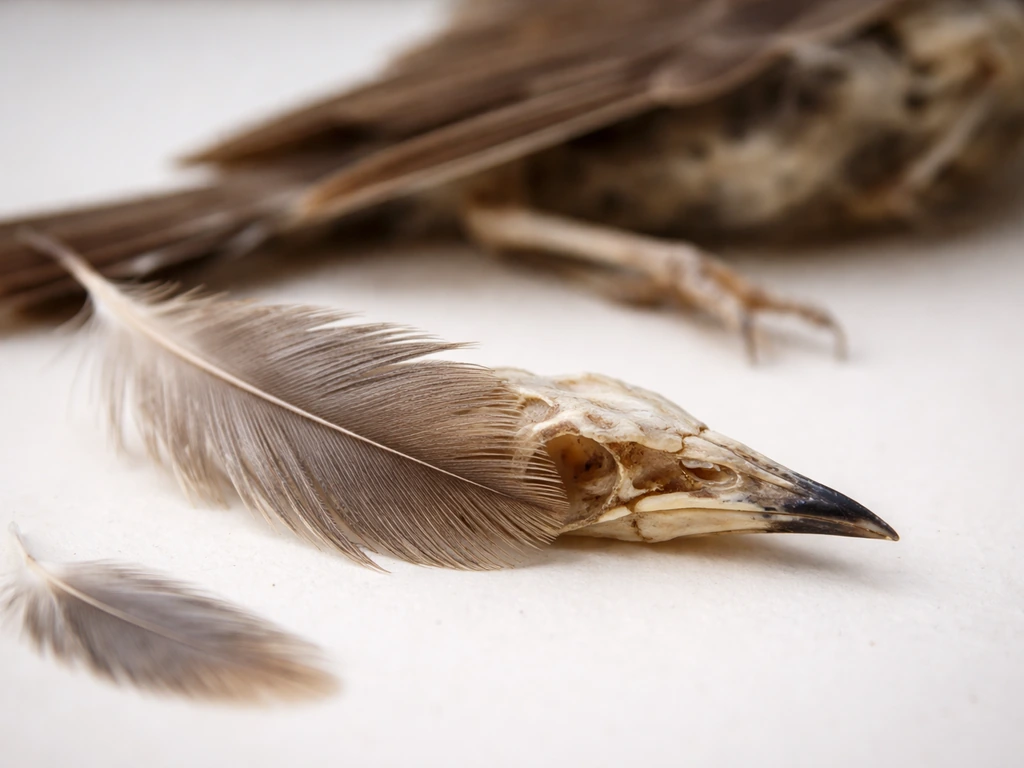 Close-up of a feathered bird skull and beak with visible keratin feathers on a simple neutral background