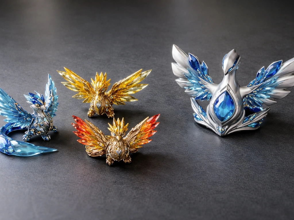 Close-up of three jeweled bird figurines on a dark tabletop, with a separate winged emblem beside a larger bird.