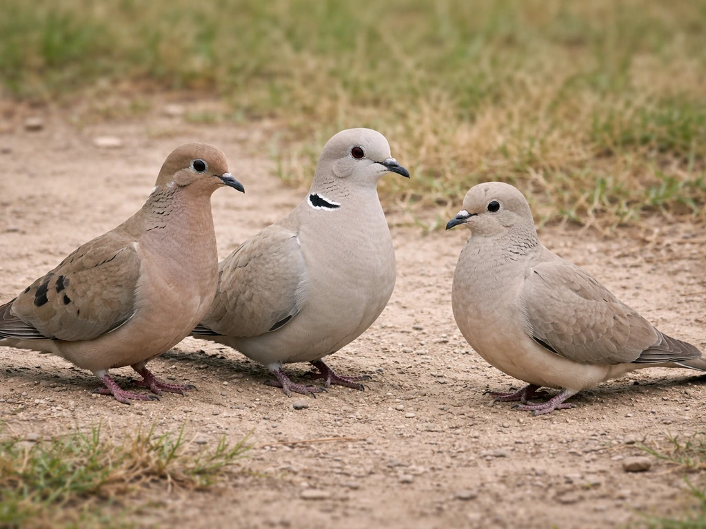 Three common dove species standing side-by-side on the ground, showing different colors and markings.