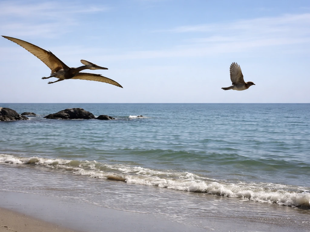 Gliding pterosaur over a prehistoric shoreline beside a feathered modern bird in flight, minimal scene.