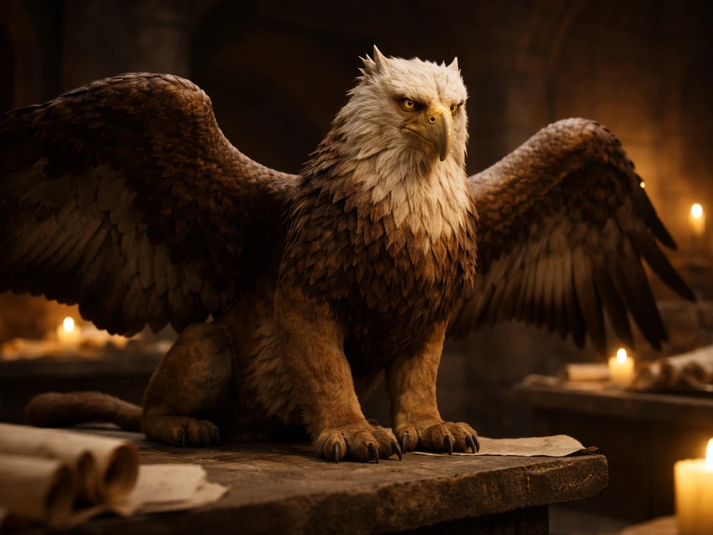 Fantasy griffin-like creature with lion body and eagle head in an ancient scroll-lit setting