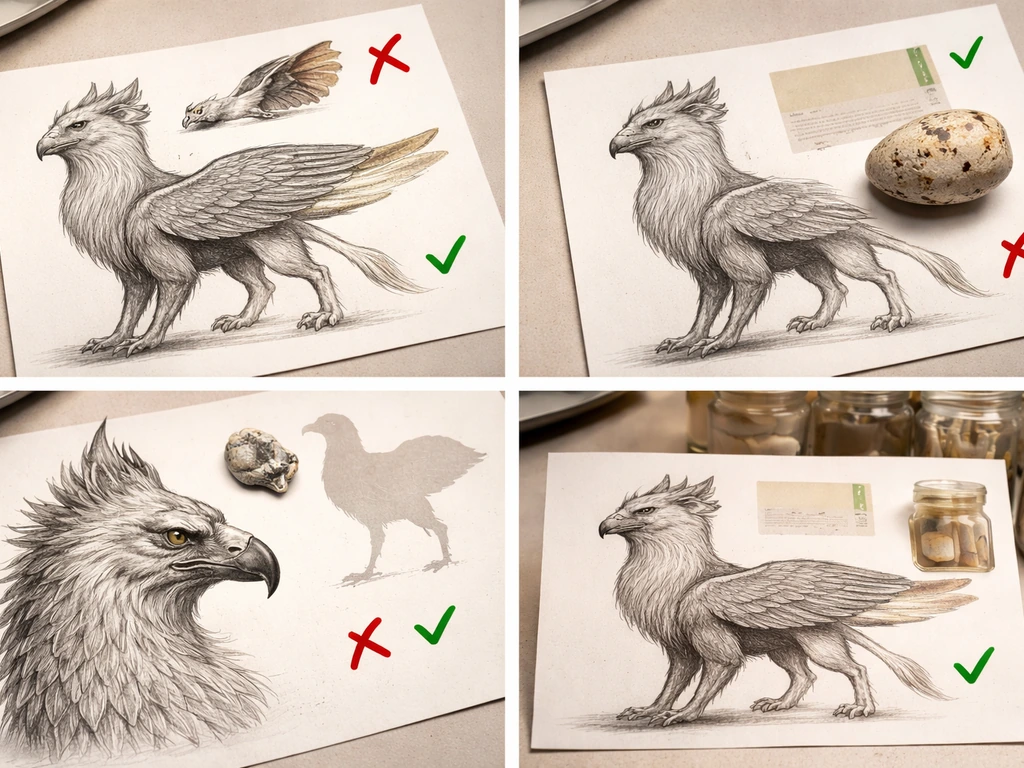 Four-panel checklist-style image applying bird traits to a griffin illustration, showing pass and fail markers