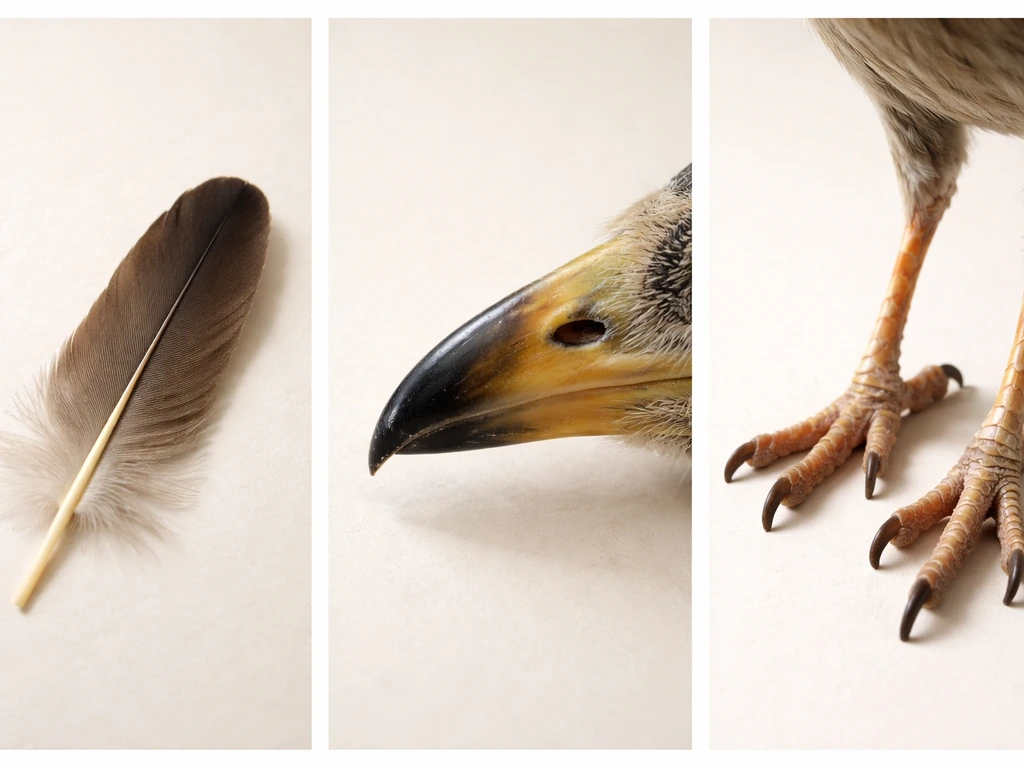 Close-up of three bird trait features: feather barbs, beak shape, and legs with scales on a neutral surface.
