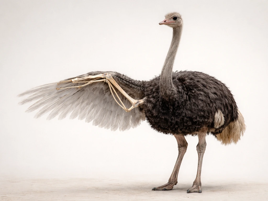 Ostrich with wing extended showing a translucent internal skeleton overlay for bone homology.