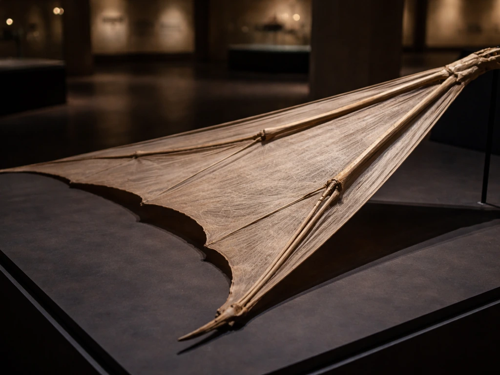 Museum exhibit showing a pterosaur wing fossil reconstruction laid on a dark display base.