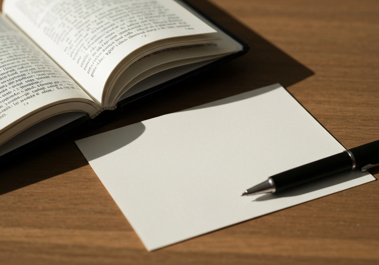 Open dictionary and blank notecard with a pen on a wooden table, minimal everyday scene.