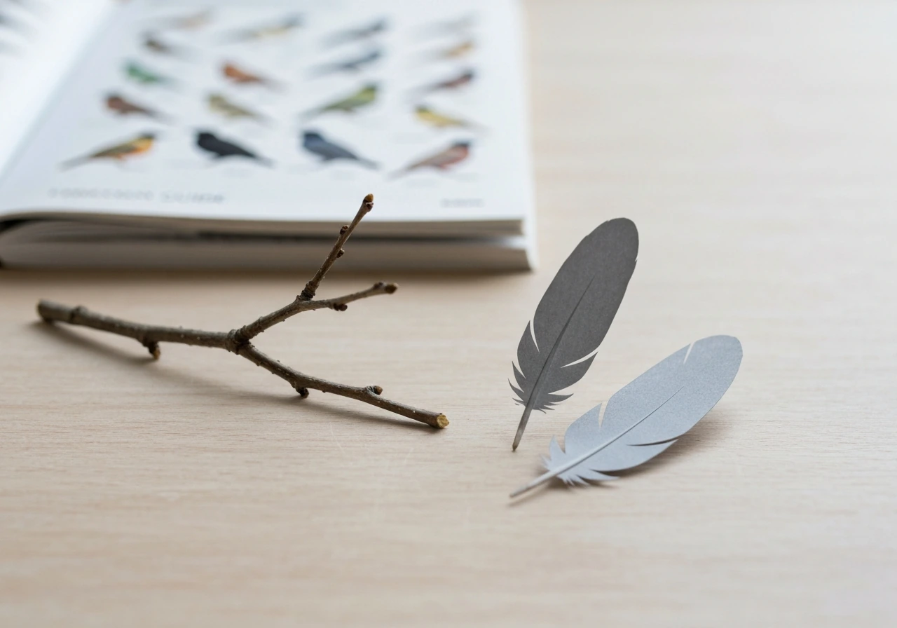 Minimal photo showing a small branch with a feathered silhouette model and blurred botanical background