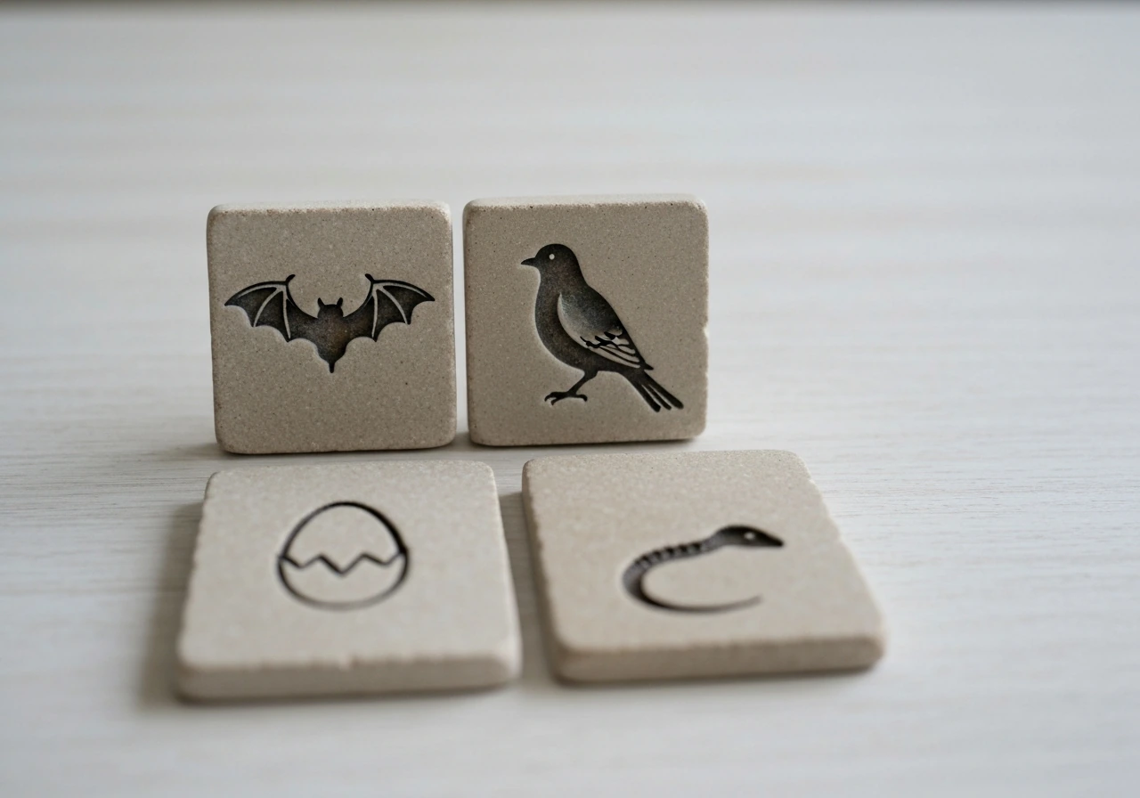 Minimal photo of a tabletop showing small animal icons (bat, bird, reptile) as a simple checklist.