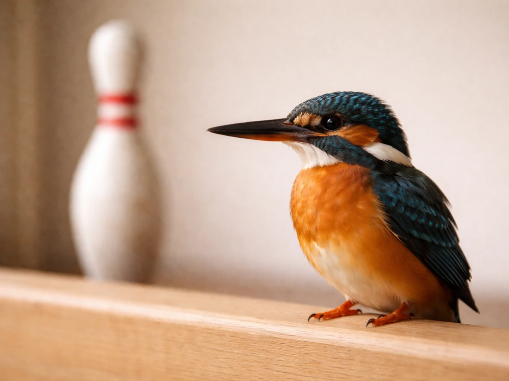 Small kingfisher-like bird perched beside a blurred bowling/skittle pin, shallow depth of field.
