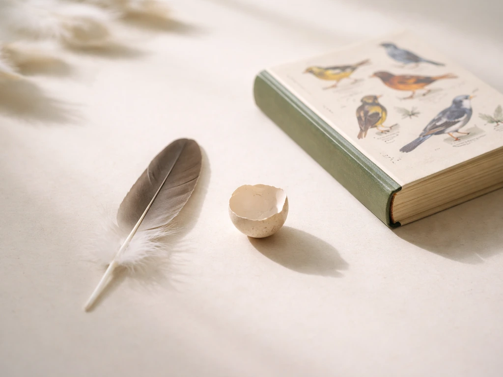 Feather and eggshell arranged on a simple table, photographed in natural light.