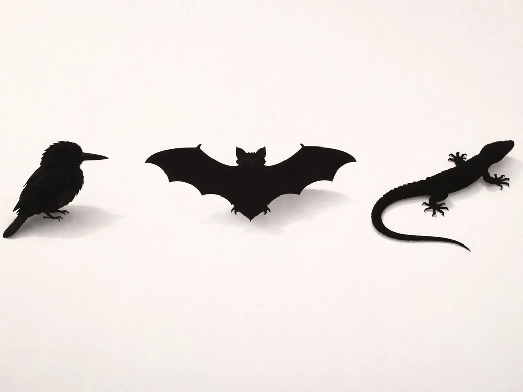 Minimal photo-style scene with a kingfisher-like bird silhouette and a bat and lizard/snake silhouette beside it