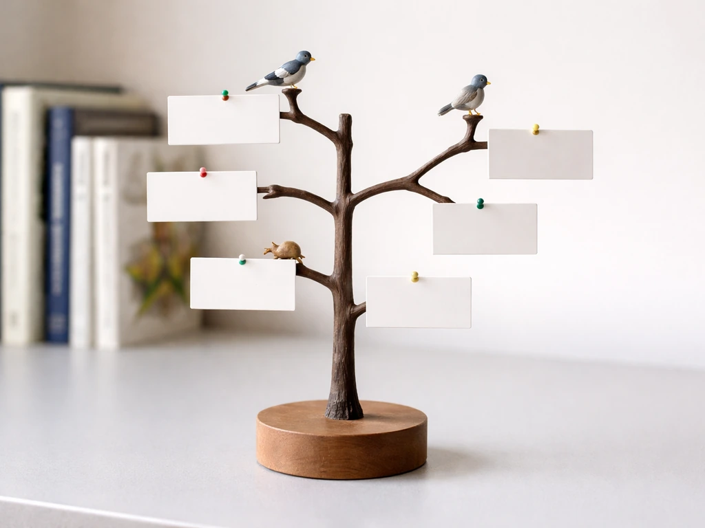 Minimal photo of a branching phylogenetic-style model with labeled-looking but unreadable cards showing mammal vs bird g