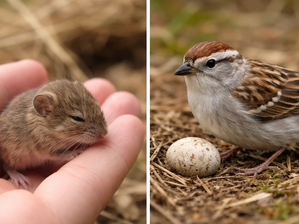 Side-by-side photo: a furred mammal on one side and a feathered bird with an egg on the other.