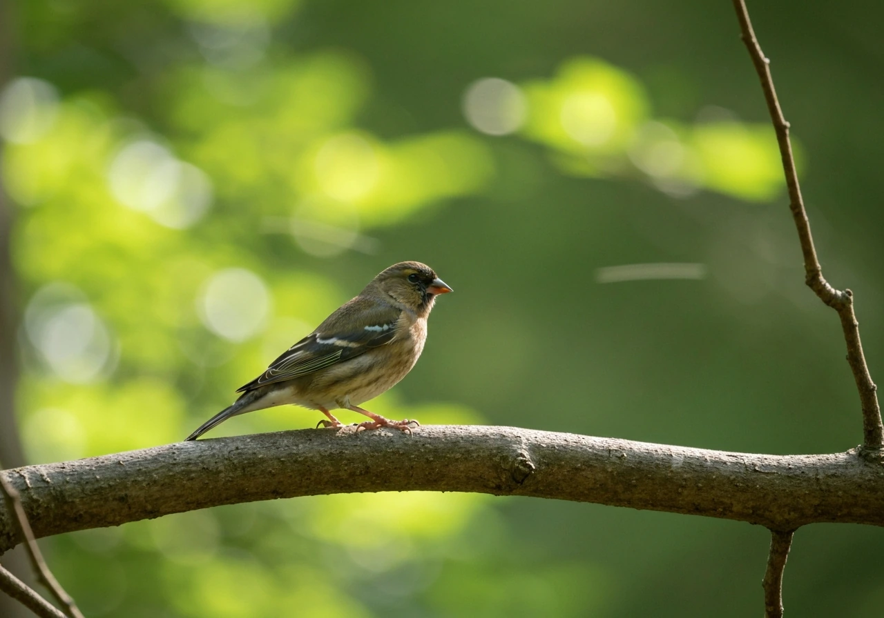 A small finch perched on a natural branch with clear beak and feather detail in natural light.