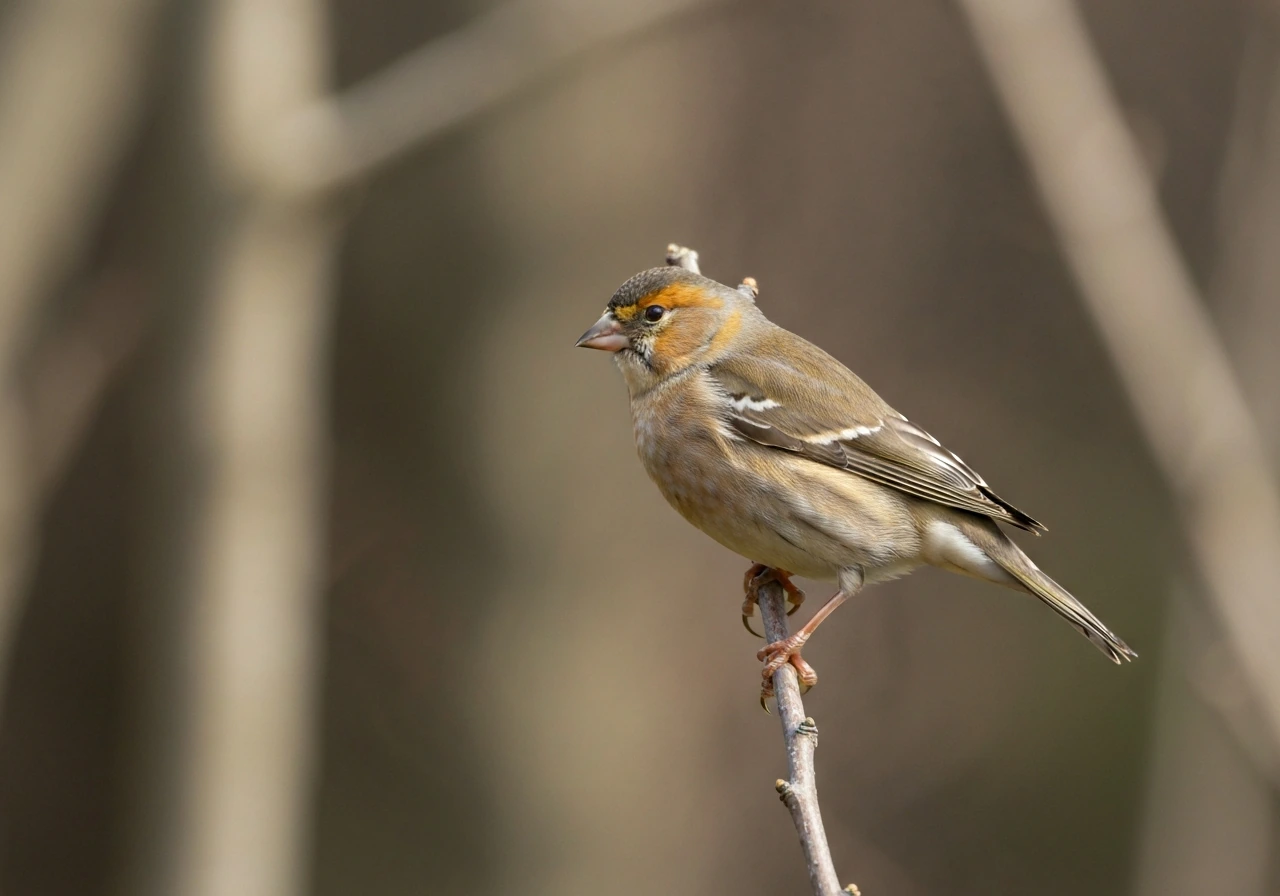 Close-up of a small finch perched on a twig beside a softly blurred tree branch in natural light.