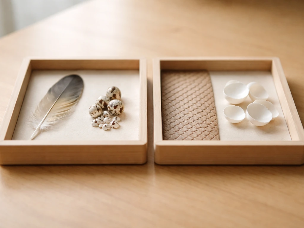 Minimal side-by-side natural specimens showing finch feathers and bird-like eggs versus non-bird scales and eggshells.