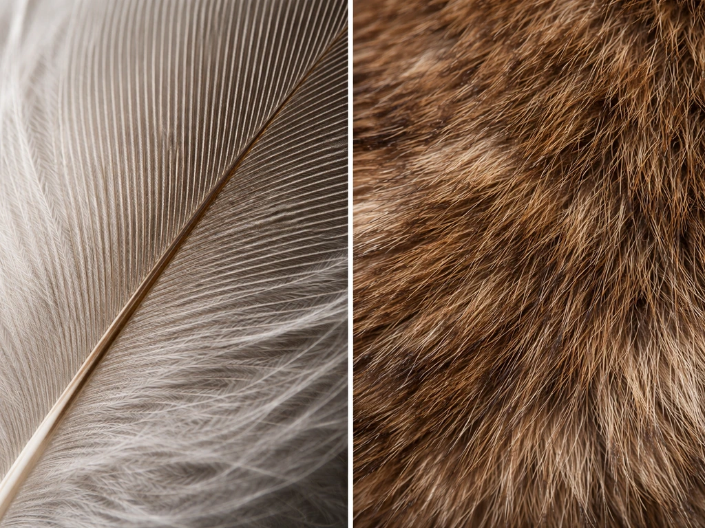 Close-up split view of a real bird feather beside fur or scales surface, highlighting feathers as the key indicator.
