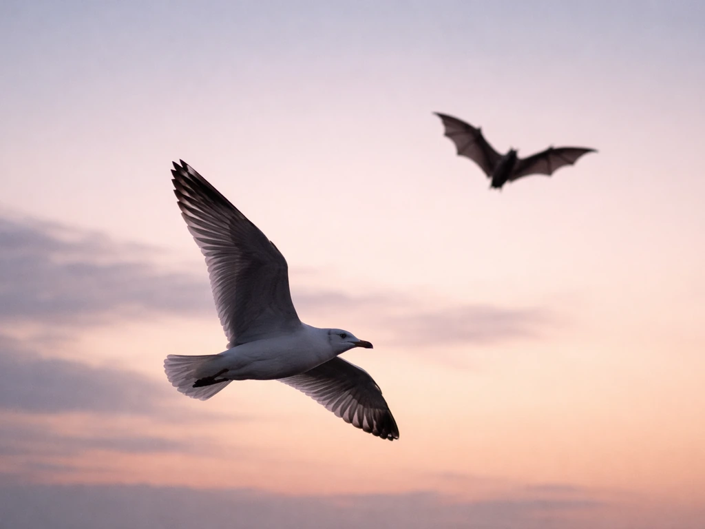 Bird in flight with feathers, contrasted against a bat silhouette with leathery wings in the dusk sky.