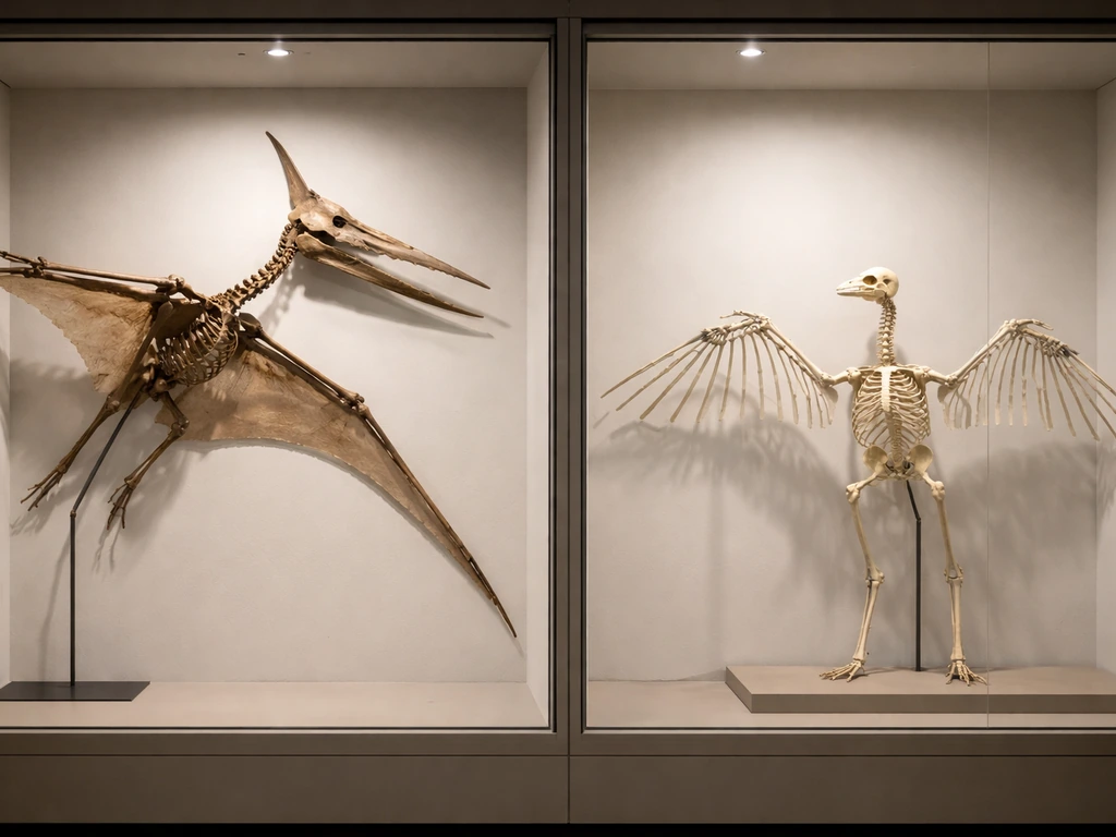 Museum display comparing a pterosaur-like flying reptile wing model with a modern bird skeleton.