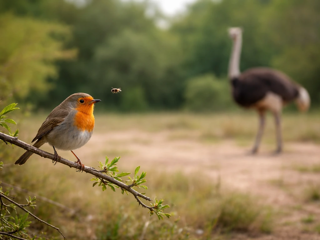 Perched small bird, an ostrich-like flightless bird in the distance, and a flying insect in the air.