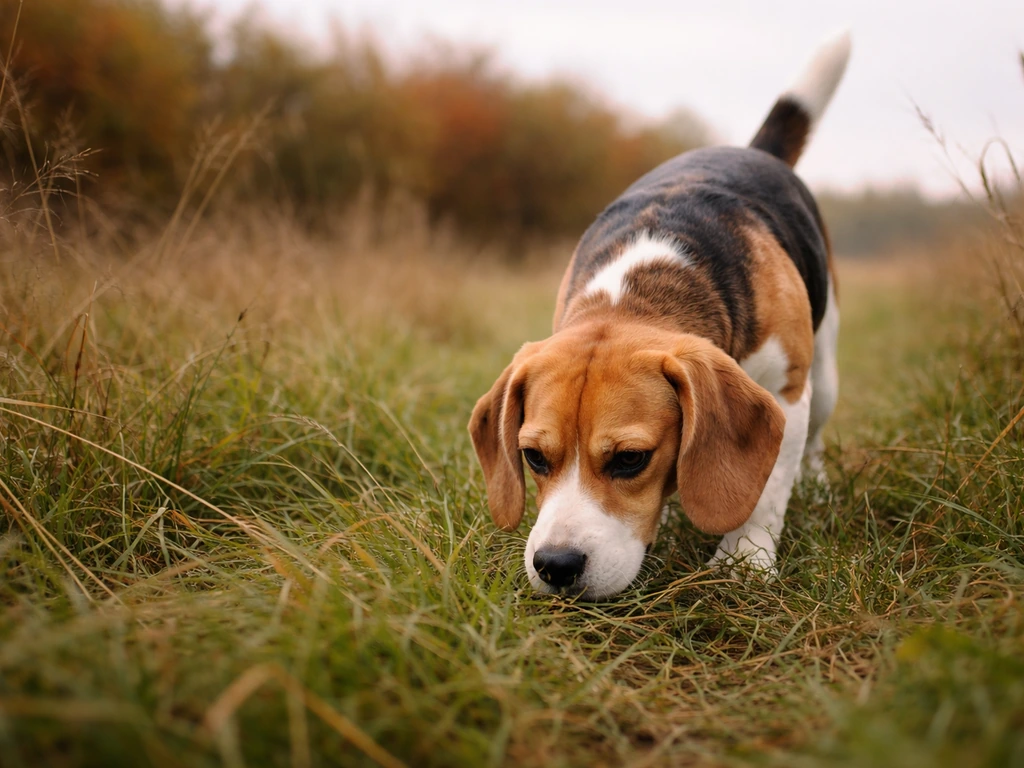 Tri-color beagle sniffing through tall grass with bird-cover brush blurred in the background.