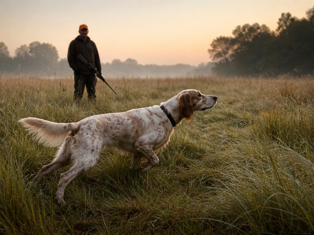 Working bird dog searching in tall grass with handler watching in an open field at dawn.