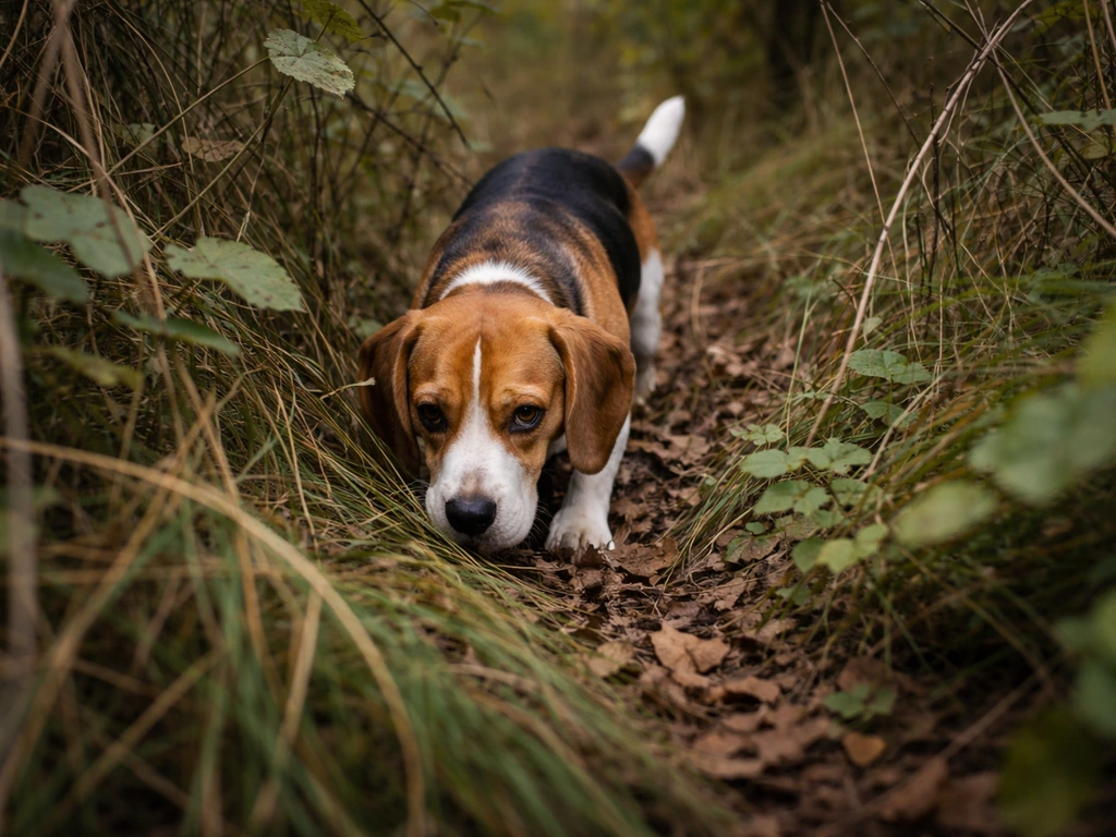 A beagle intently tracking bird scent through dense pheasant-like cover, looking forward as it searches.