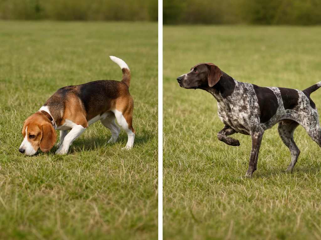 Beagle low scent-trailing posture and a pointing bird dog stance shown in two separate frames.