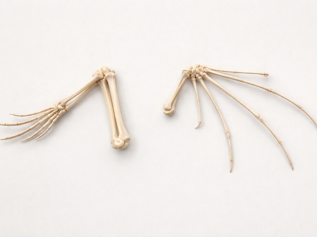 Minimal side-by-side photo showing internal-like skeletal wing structures of a bird and a bat with shared forelimb bones