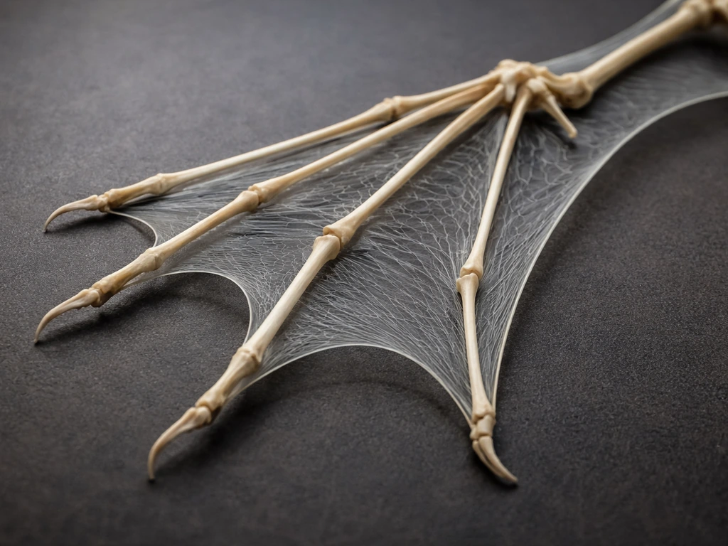 Close-up of a bat wing skeleton showing elongated fingers II–V and the thin membrane between them.