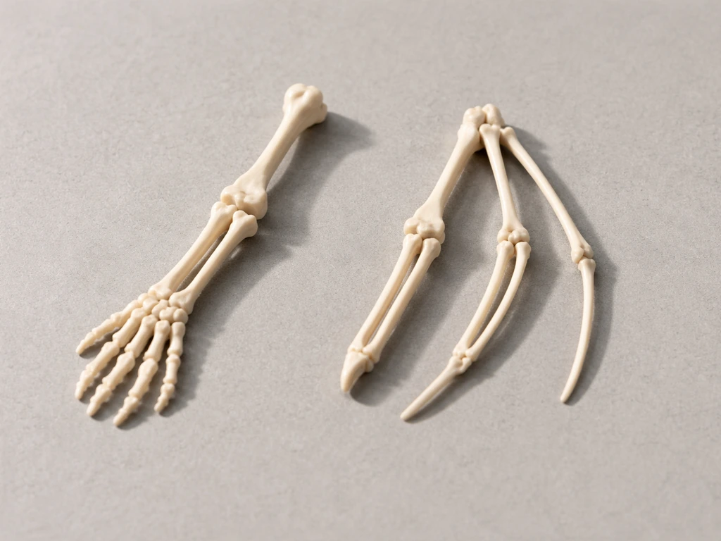Side-by-side pale forelimb and wing-like model parts on a gray tabletop in natural light.