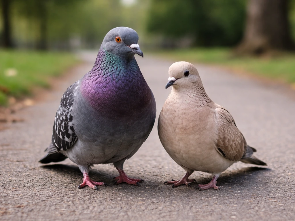 A larger pigeon and a smaller dove standing side-by-side on a park path in natural light.