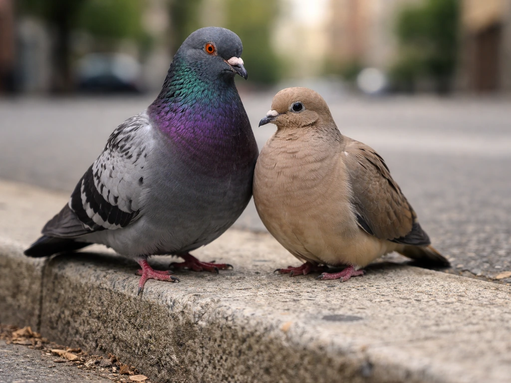 Rock pigeon and mourning dove perched on a city curb under natural light