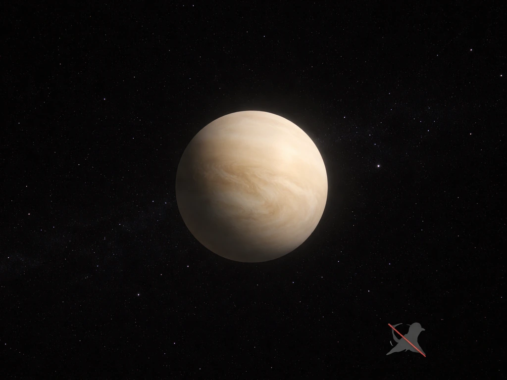 A glowing planet labeled “Venus” concept with a crossed-out bird silhouette in dark space