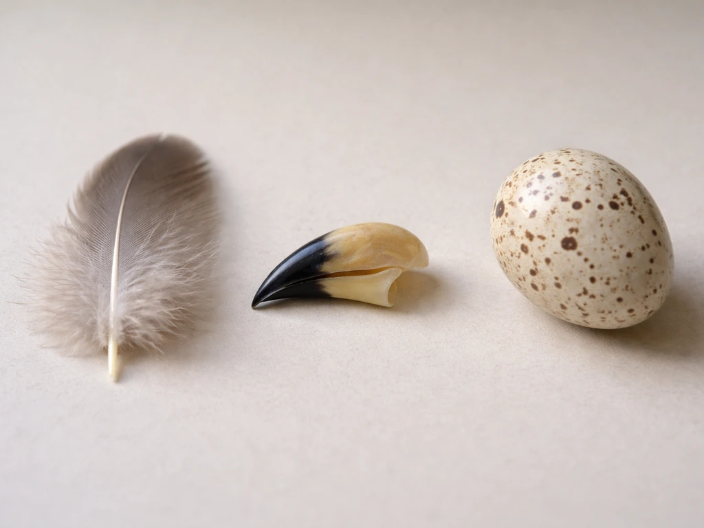 Close-up of feathers, a bird beak, and an egg on a neutral surface arranged side by side.