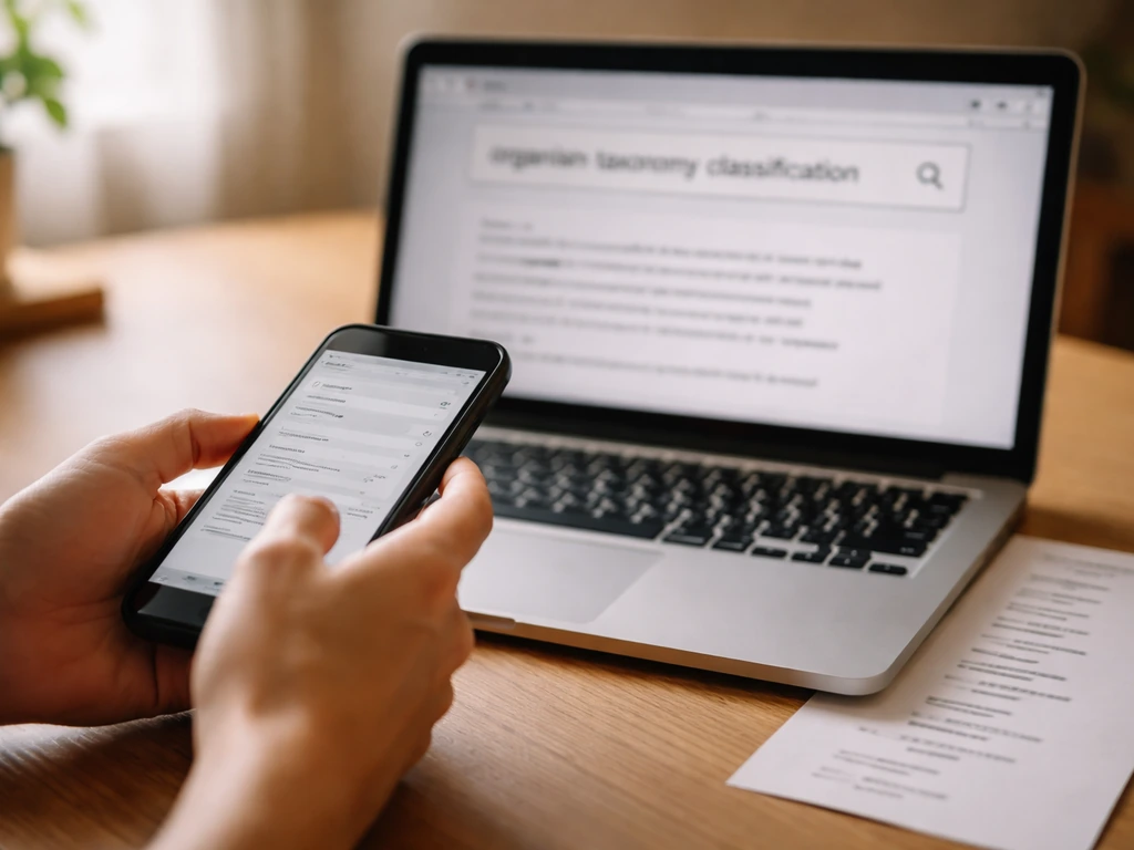 Hands checking an organism name on phone and laptop, with a printed classification summary on a desk.