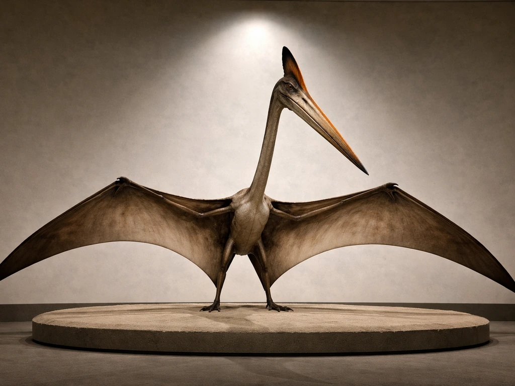 Museum exhibit of a life-size Quetzalcoatlus reconstruction with wings spread and skull visible.
