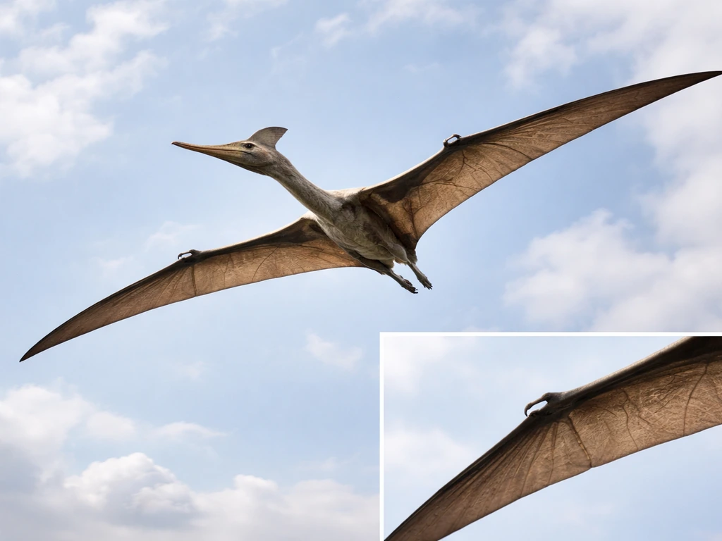A pterosaur flying with long wings and a pointed beak-like skull, plus a small close view of wing structure.