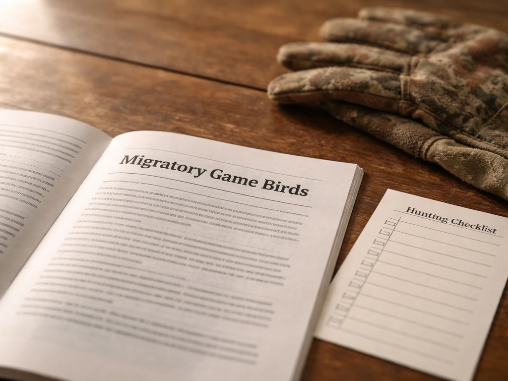 Open hunting regulations booklet on a wooden table with the phrase “migratory game birds” visible.