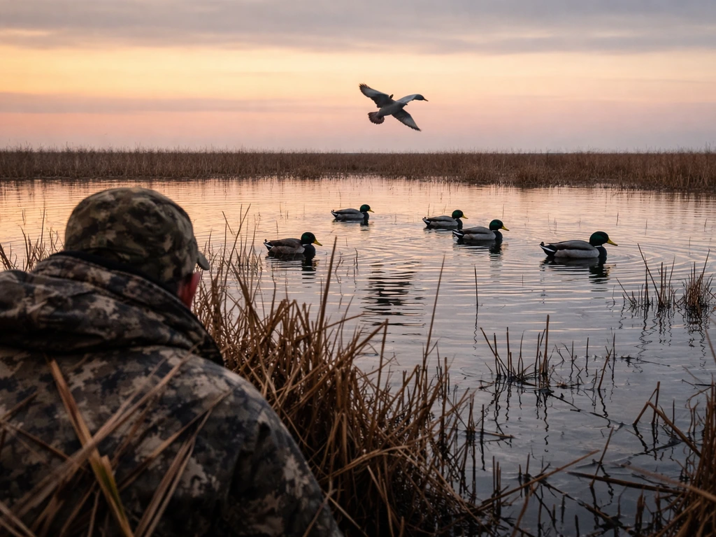 Hunter in a wetland with decoys and a duck in flight, suggesting huntable waterfowl regulations.