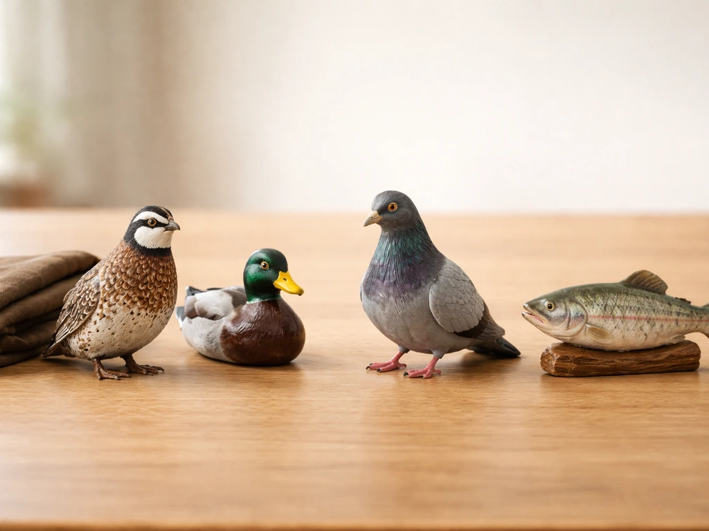 Small animal figurines on a wooden table: quail and ducks in a game context, pigeon as ordinary, fish as non-bird contra