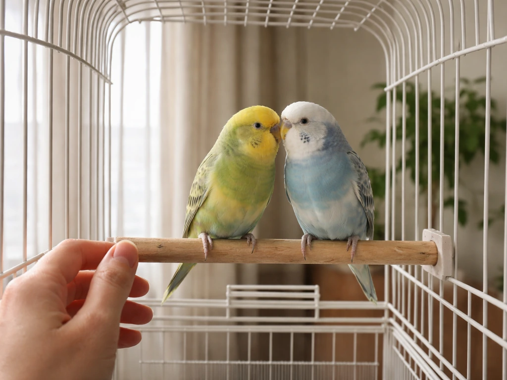 Bird owner watching two pet birds perched close together inside a cozy home