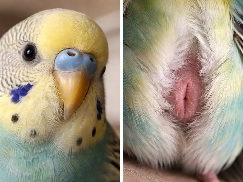 Close-up of a small pet bird showing face/cere and lower belly plumage details for sexing clues.