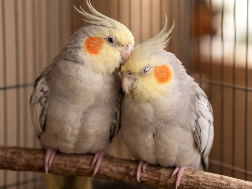 Two companion cockatiels preening each other closely while perched together in a quiet indoor cage