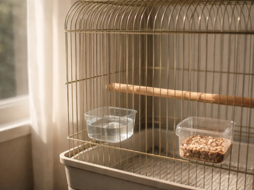 Close-up of a small birdcage in sunlight with a simple perch, showing day length and environment cues